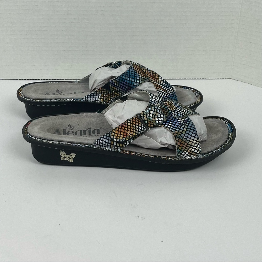 Alegria Violet Multi-Floral Snake Skin print slide on sandals, 38 = US 8/8.5.